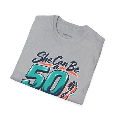 Graphic fitness T-shirt featuring the "She Can Be a Beginner at Fifty" design.