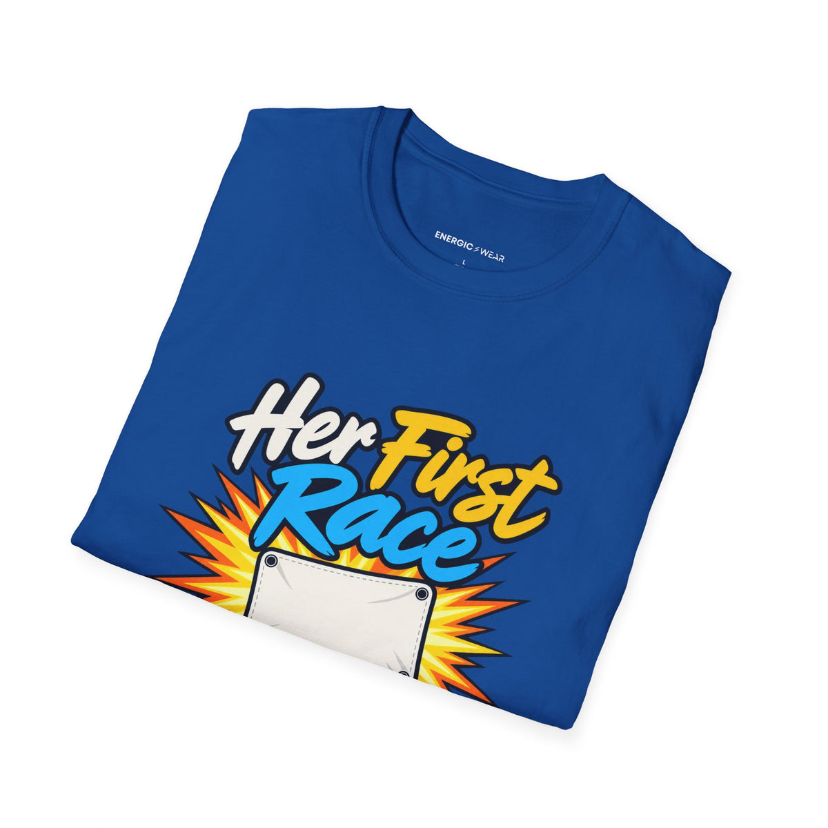 Graphic fitness T-shirt featuring the "Her First Race Deserves Full Volume" design.