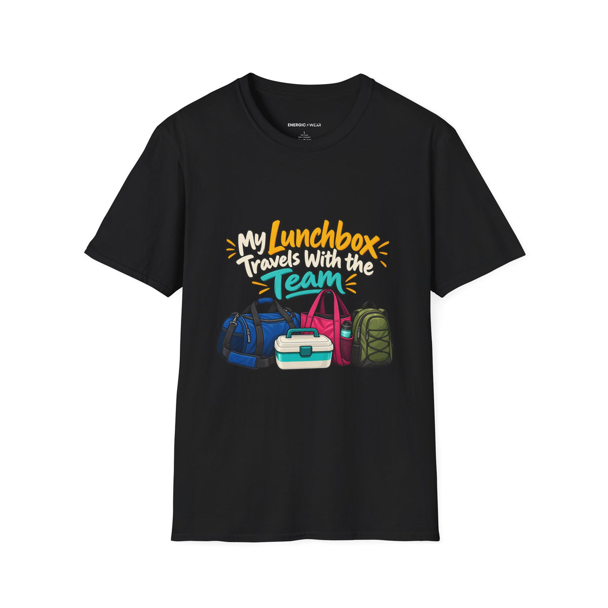 Graphic fitness T-shirt featuring the "My Lunchbox Travels With the Team" design.