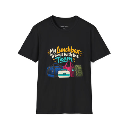 Graphic fitness T-shirt featuring the "My Lunchbox Travels With the Team" design.