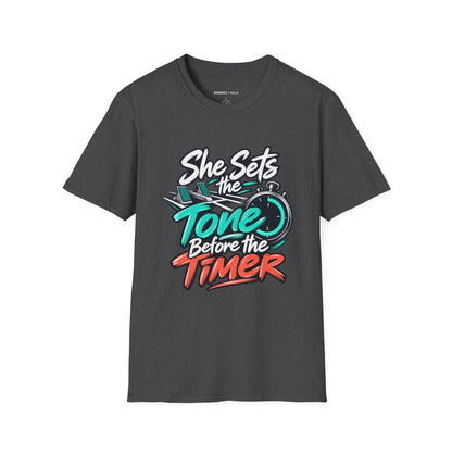 Graphic fitness T-shirt featuring the "She Sets the Tone Before the Timer" design.