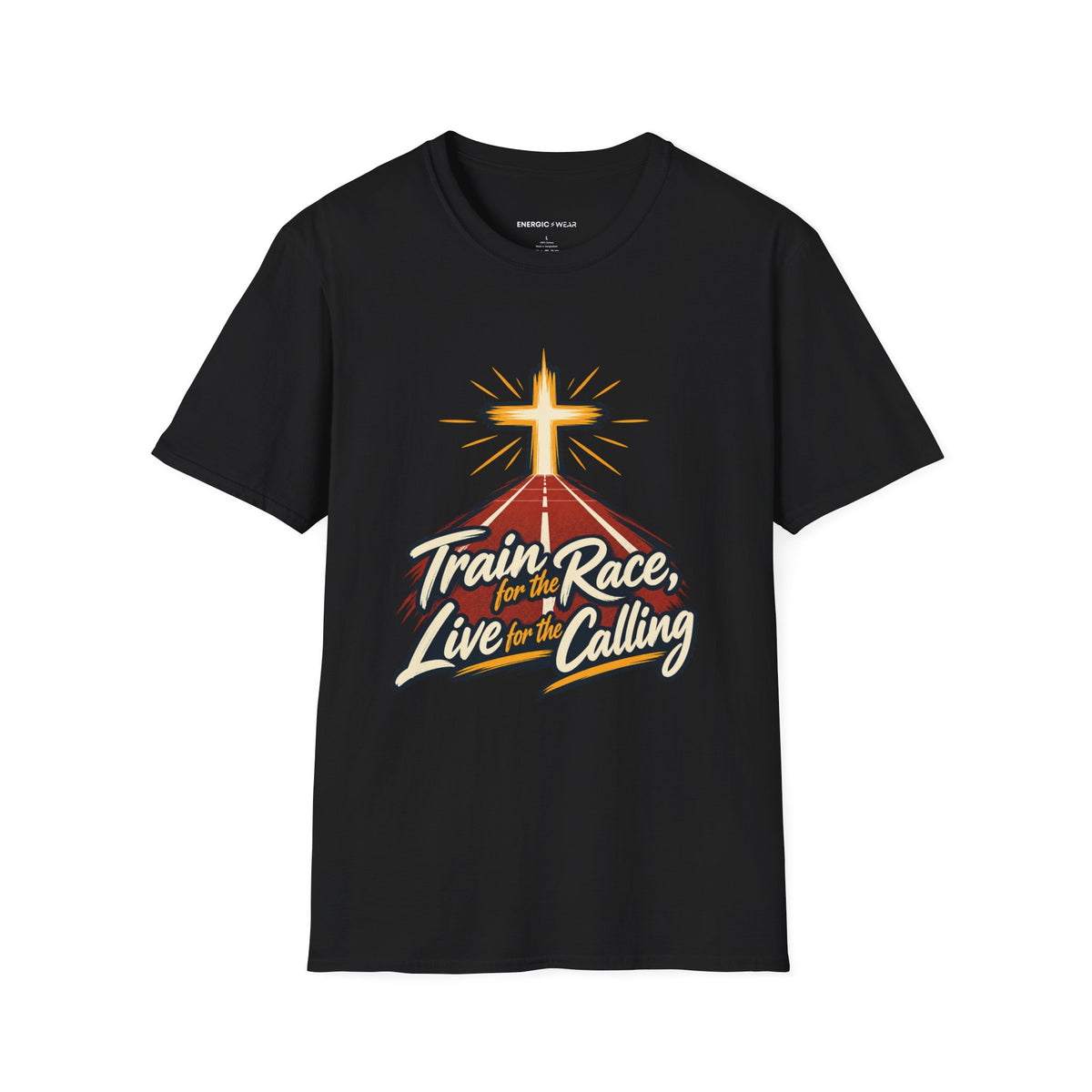 Graphic fitness T-shirt featuring the "Train for the Race Live for the Calling" design.