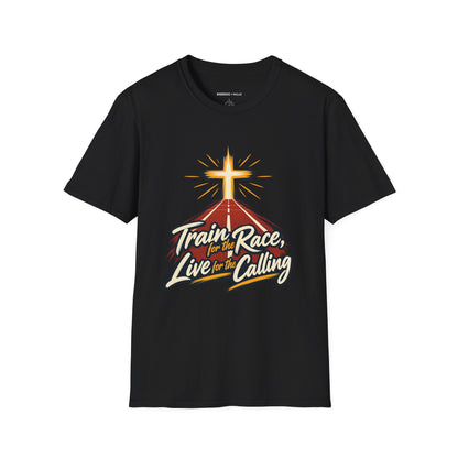 Graphic fitness T-shirt featuring the "Train for the Race Live for the Calling" design.