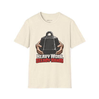 Graphic fitness T-shirt featuring the "Heavy Work, Steady Hands" design.