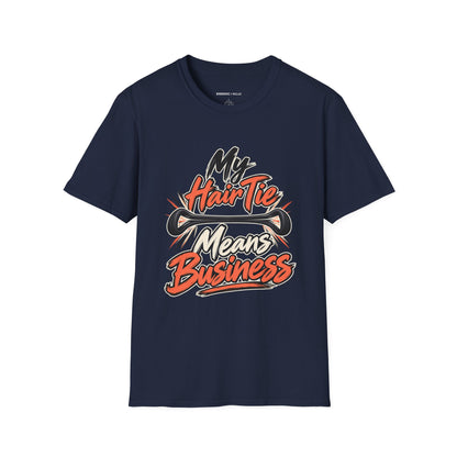 Graphic fitness T-shirt featuring the "My Hair Tie Means Business" design.