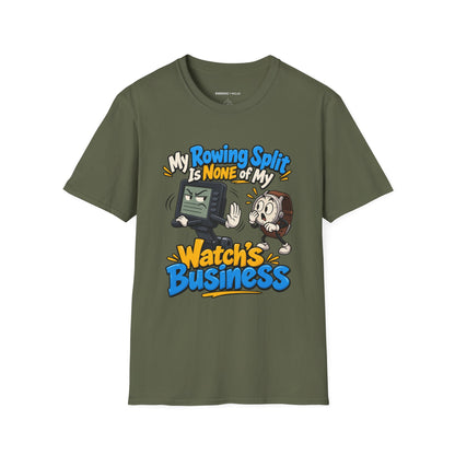 Graphic fitness T-shirt featuring the "My Rowing Split Is None of My Watch S Business" design.