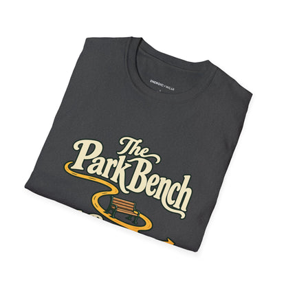 Graphic fitness T-shirt featuring the "The Park Bench Is Part of the Route" design.