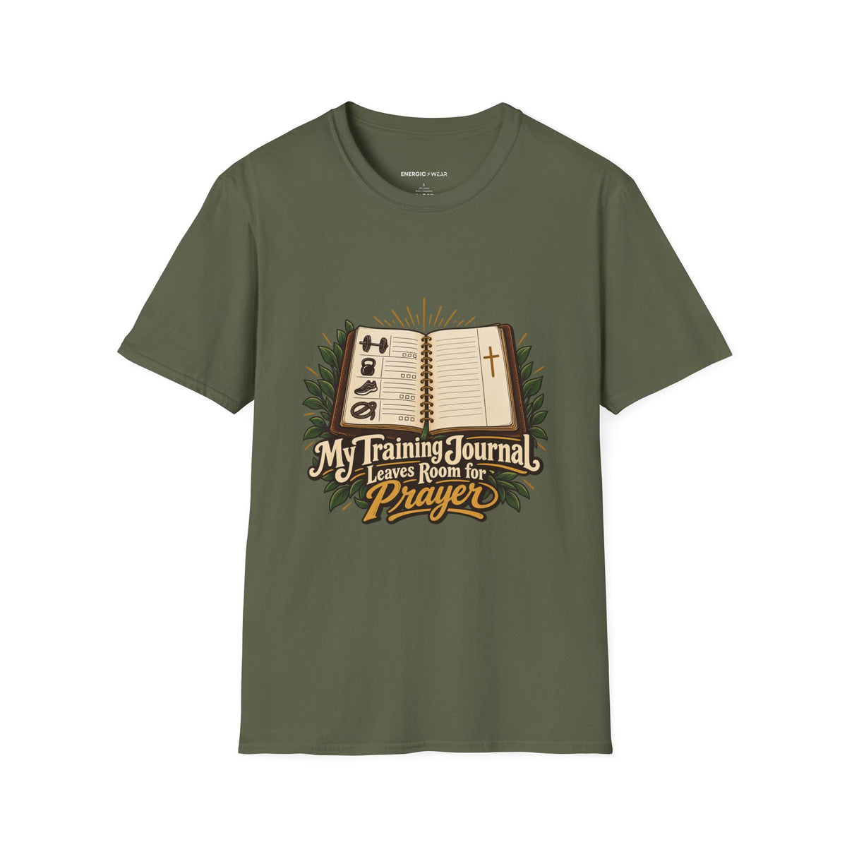 Graphic fitness T-shirt featuring the "My Training Journal Leaves Room for Prayer" design.