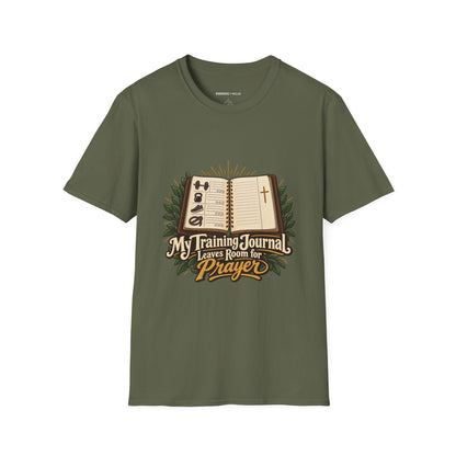 Graphic fitness T-shirt featuring the "My Training Journal Leaves Room for Prayer" design.