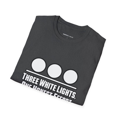 Graphic fitness T-shirt featuring the "Three White Lights One Honest Effort" design.