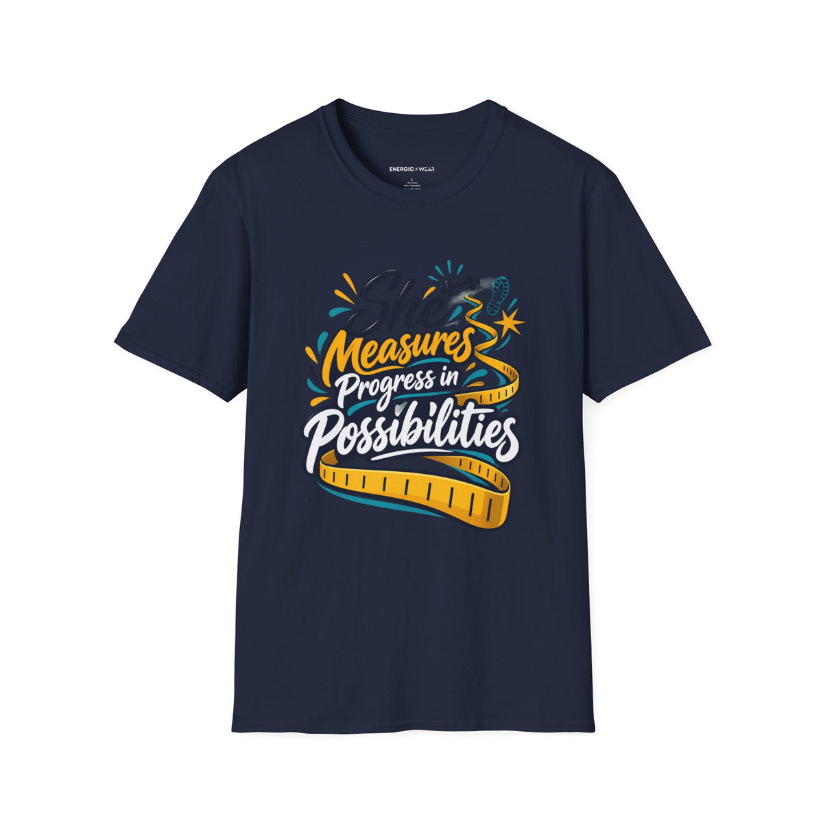 Graphic fitness T-shirt featuring the "She Measures Progress in Possibilities" design.