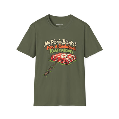 Graphic fitness T-shirt featuring the "My Picnic Blanket Has a Cooldown Reservation" design.