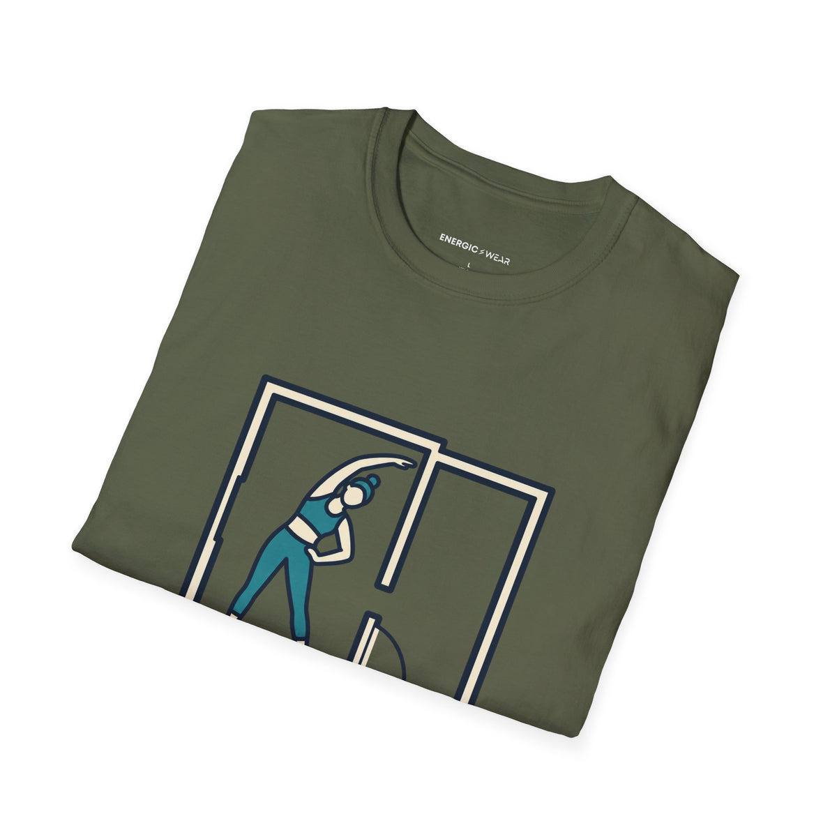 Graphic fitness T-shirt featuring the "Stretch Into the Space You Have" design.