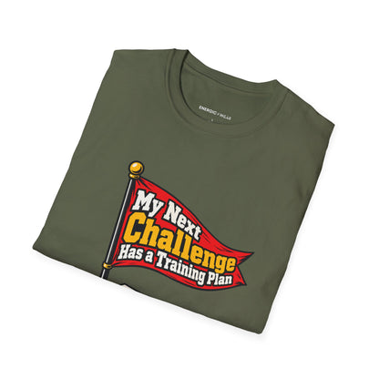 Graphic fitness T-shirt featuring the "My Next Challenge Has a Training Plan" design.