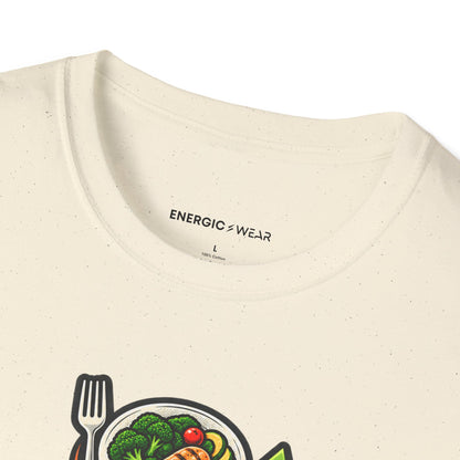 Graphic fitness T-shirt featuring the "Built Between Meals" design.