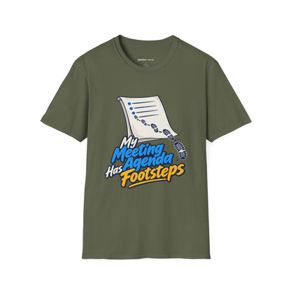 Graphic fitness T-shirt featuring the "My Meeting Agenda Has Footsteps" design.