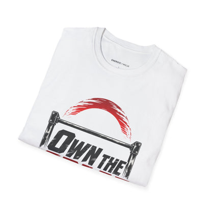 Graphic fitness T-shirt featuring the "Own the Space Above the Bar" design.