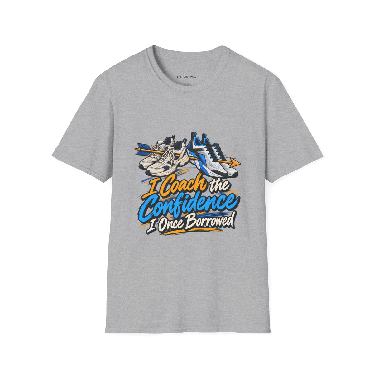 Graphic fitness T-shirt featuring the "I Coach the Confidence I Once Borrowed" design.