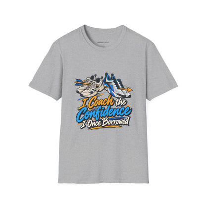 Graphic fitness T-shirt featuring the "I Coach the Confidence I Once Borrowed" design.
