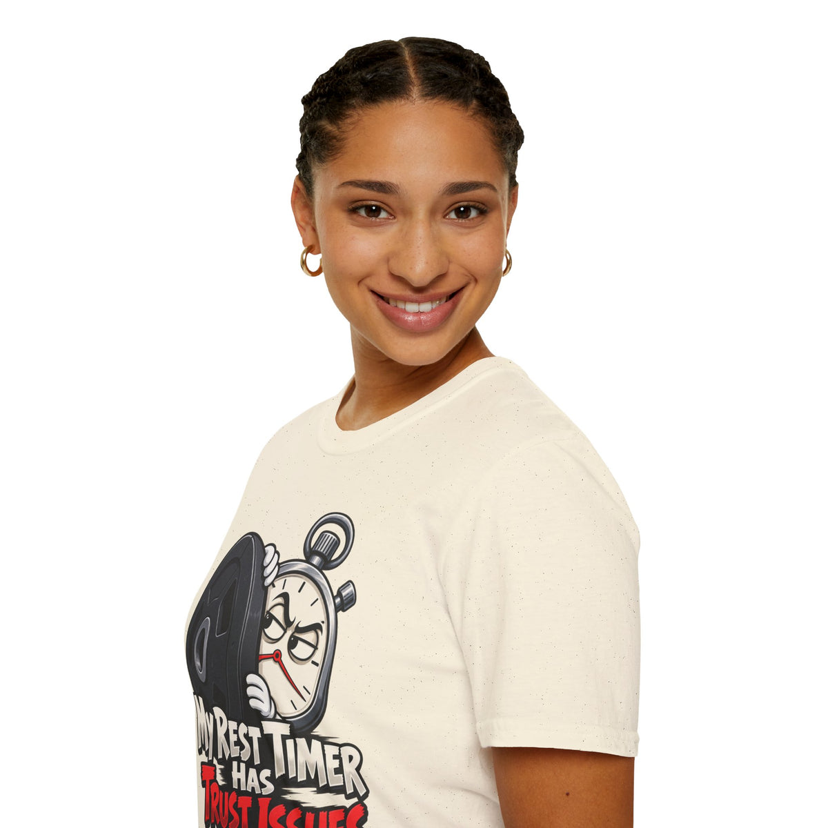 Graphic fitness T-shirt featuring the "My Rest Timer Has Trust Issues" design.