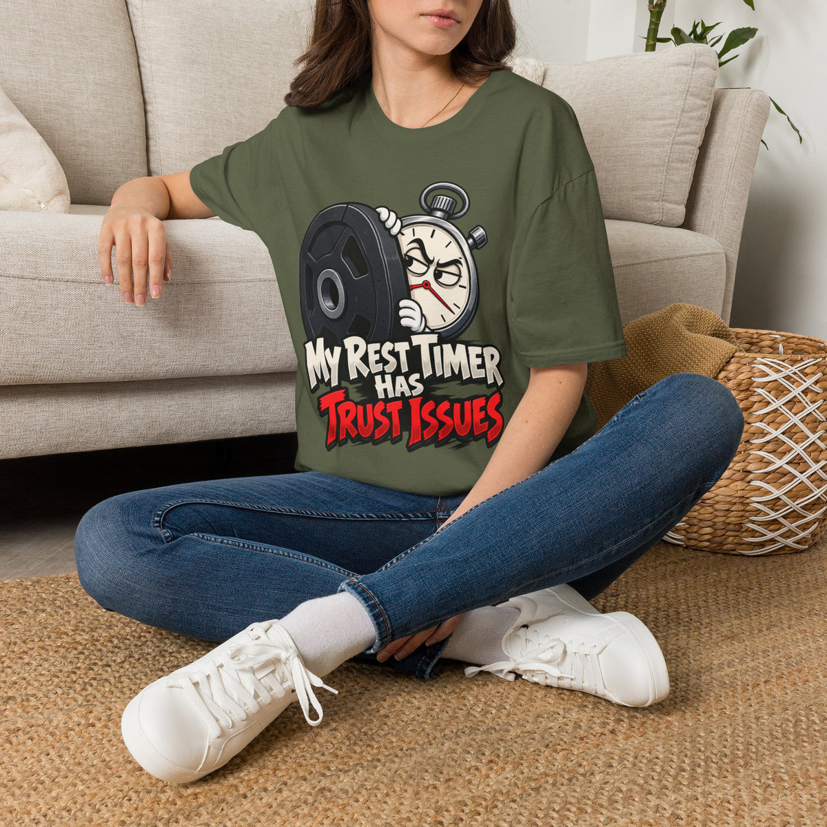 Graphic fitness T-shirt featuring the "My Rest Timer Has Trust Issues" design.