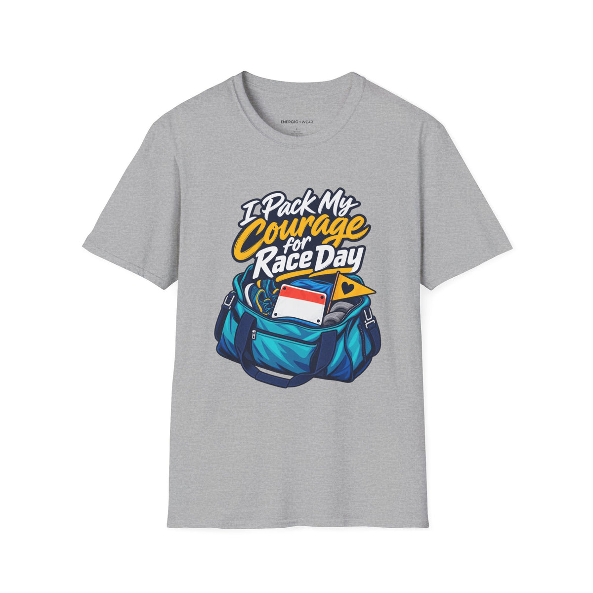 Graphic fitness T-shirt featuring the "I Pack My Courage for Race Day" design.
