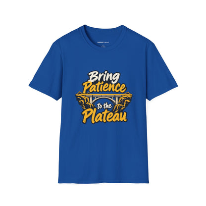 Graphic fitness T-shirt featuring the "Bring Patience to the Plateau" design.