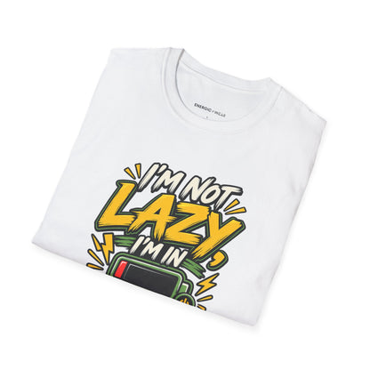 Graphic fitness T-shirt featuring the "I'm Not Lazy, I'm in Energy Saving Mode" design.