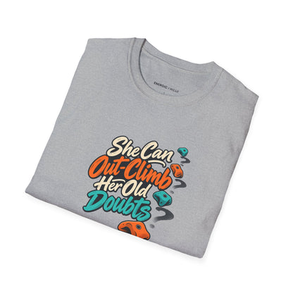 Graphic fitness T-shirt featuring the "She Can Out-Climb Her Old Doubts" design.