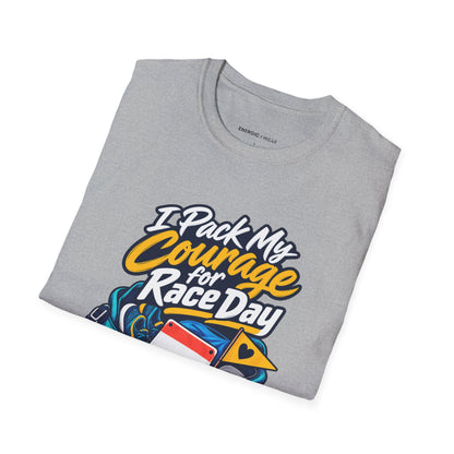 Graphic fitness T-shirt featuring the "I Pack My Courage for Race Day" design.