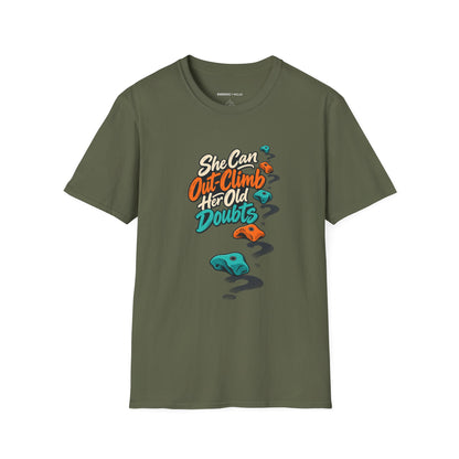Graphic fitness T-shirt featuring the "She Can Out-Climb Her Old Doubts" design.