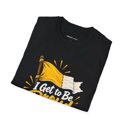 Graphic fitness T-shirt featuring the "I Get to Be Proud Before I'm Finished" design.