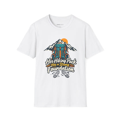 Graphic fitness T-shirt featuring the "Her Hiking Pack Has a Strong Foundation" design.