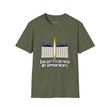 Graphic fitness T-shirt featuring the "Sunlight Fits Between My Appointments" design.