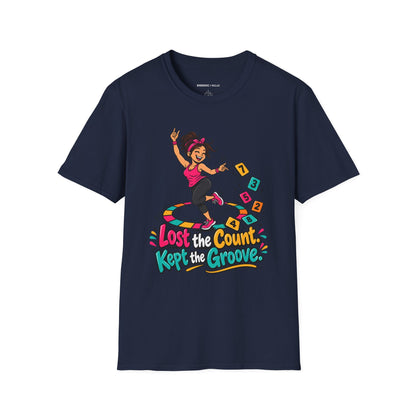 Graphic fitness T-shirt featuring the "Lost the Count, Kept the Groove" design.