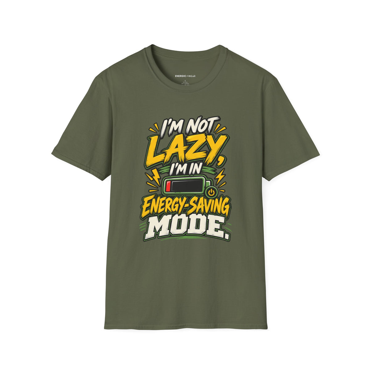 Graphic fitness T-shirt featuring the "I'm Not Lazy, I'm in Energy Saving Mode" design.