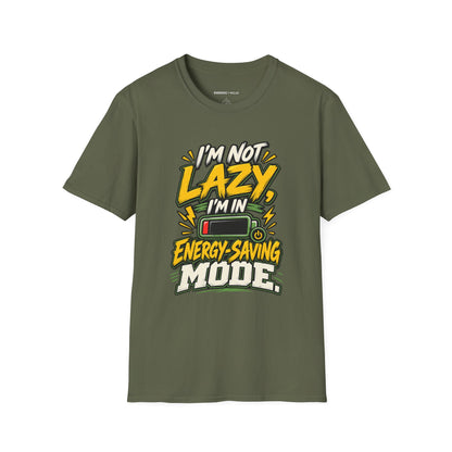 Graphic fitness T-shirt featuring the "I'm Not Lazy, I'm in Energy Saving Mode" design.