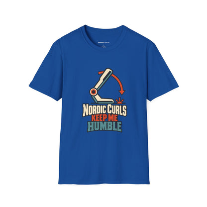 Graphic fitness T-shirt featuring the "Nordic Curls Keep Me Humble" design.