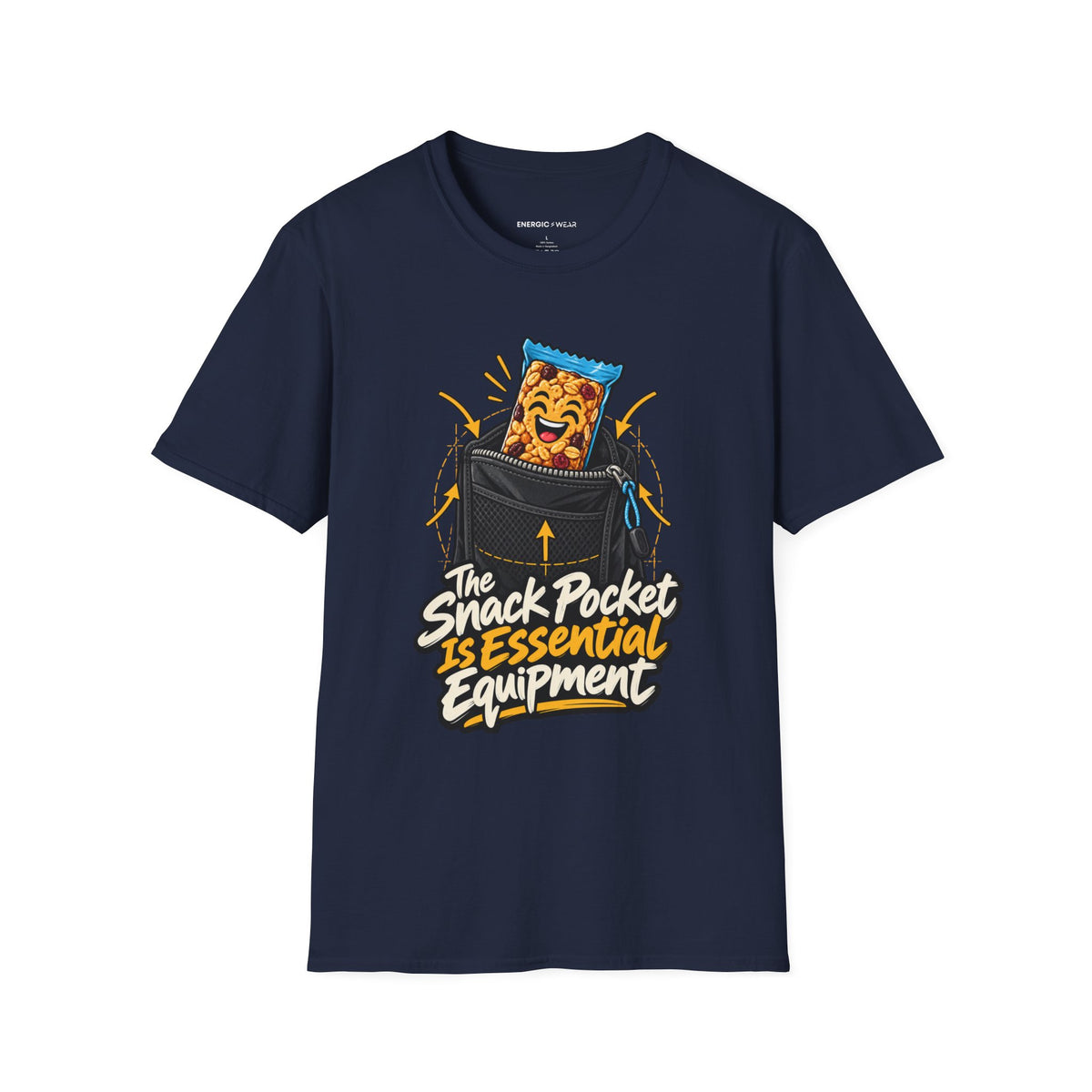 Graphic fitness T-shirt featuring the "The Snack Pocket Is Essential Equipment" design.