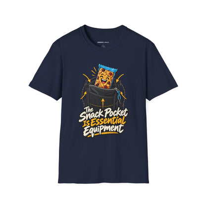 Graphic fitness T-shirt featuring the "The Snack Pocket Is Essential Equipment" design.