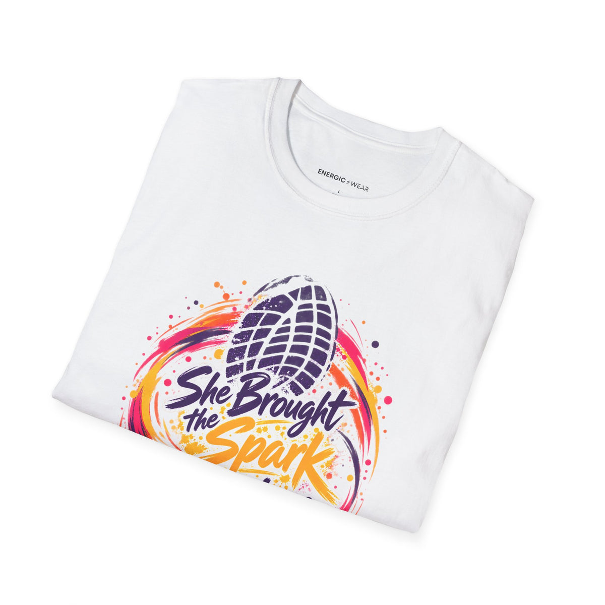 Graphic fitness T-shirt featuring the "She Brought the Spark to Class" design.