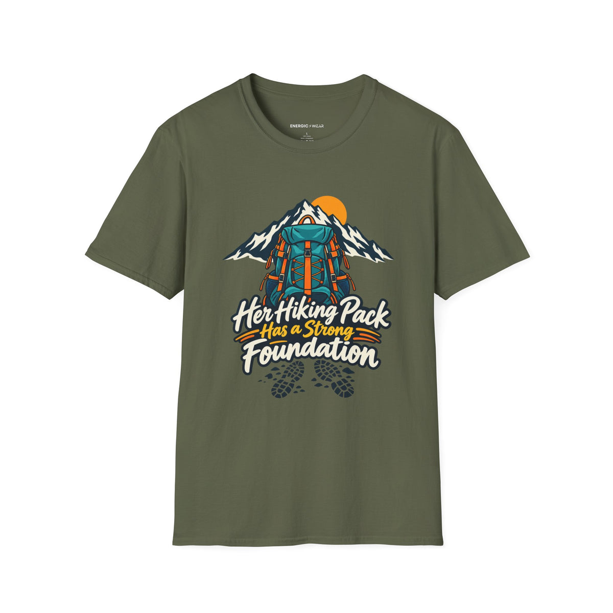 Graphic fitness T-shirt featuring the "Her Hiking Pack Has a Strong Foundation" design.