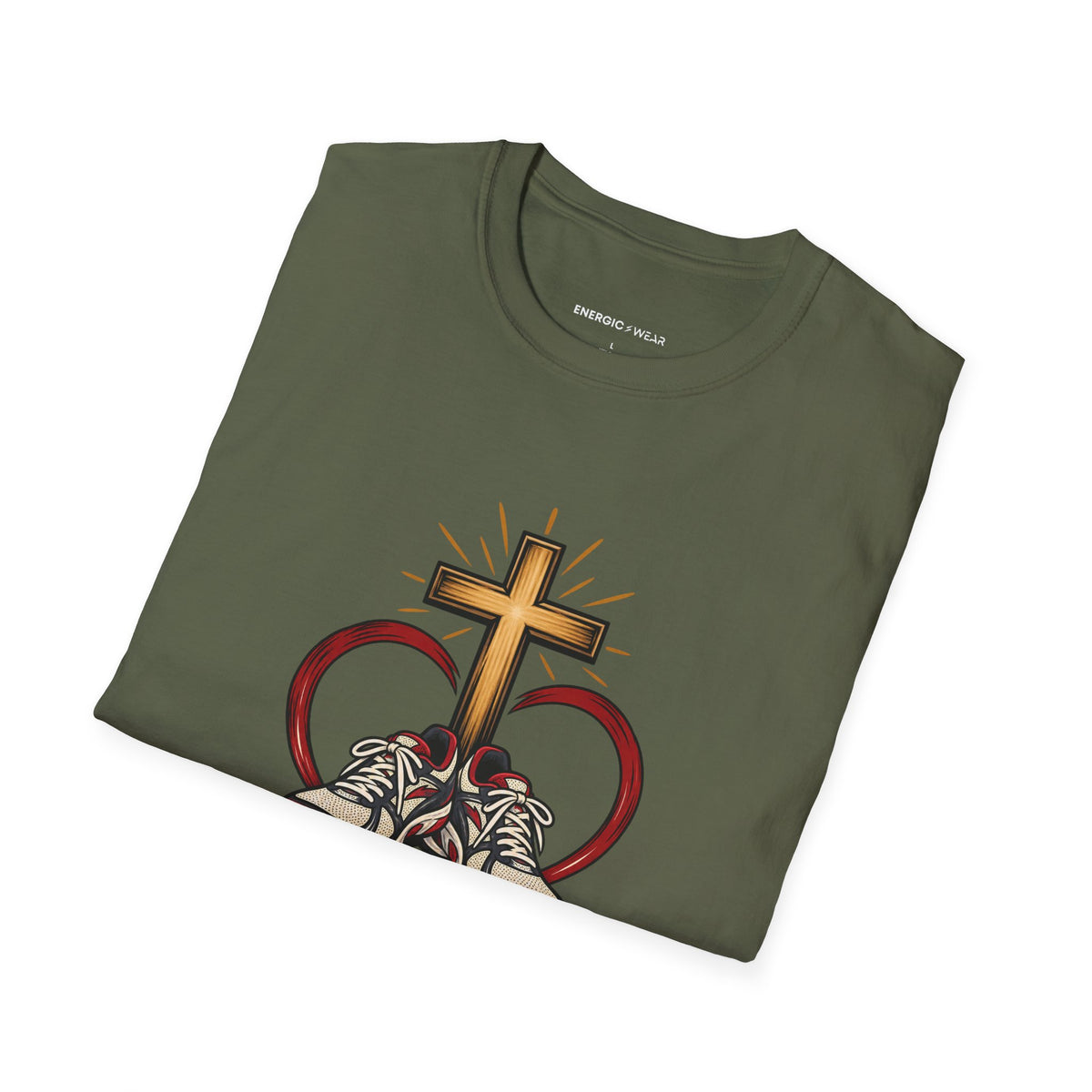 Graphic fitness T-shirt featuring the "An Open Heart and a Ready Pair of Shoes" design.