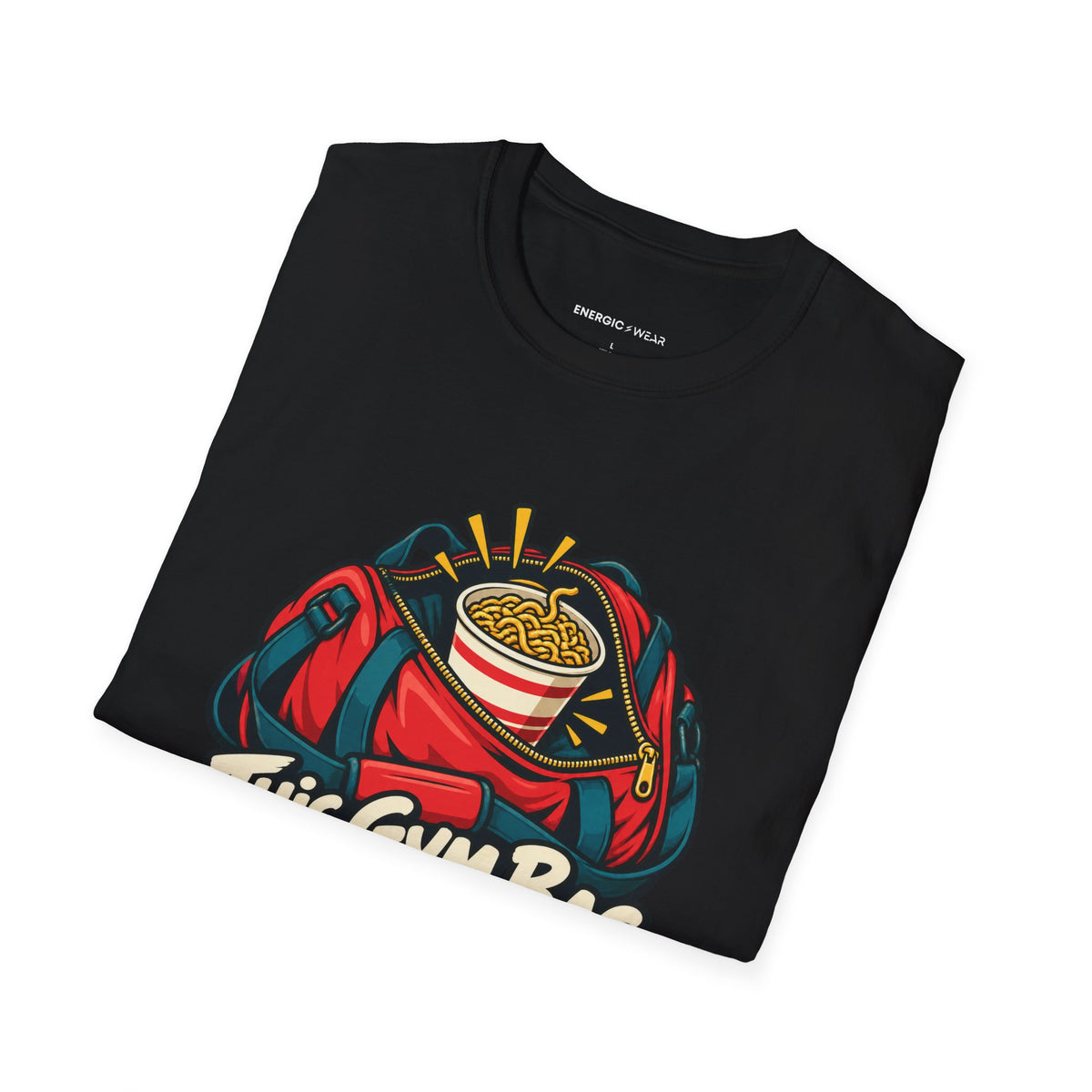 Graphic fitness T-shirt featuring the "This Gym Bag Contains Emergency Noodles" design.