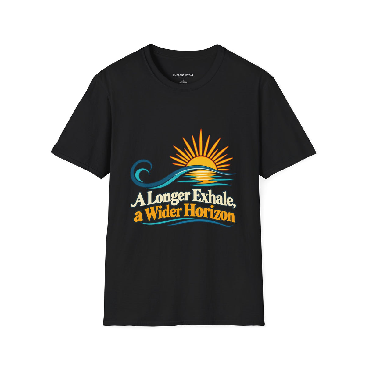 Graphic fitness T-shirt featuring the "A Longer Exhale a Wider Horizon" design.
