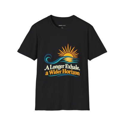Graphic fitness T-shirt featuring the "A Longer Exhale a Wider Horizon" design.