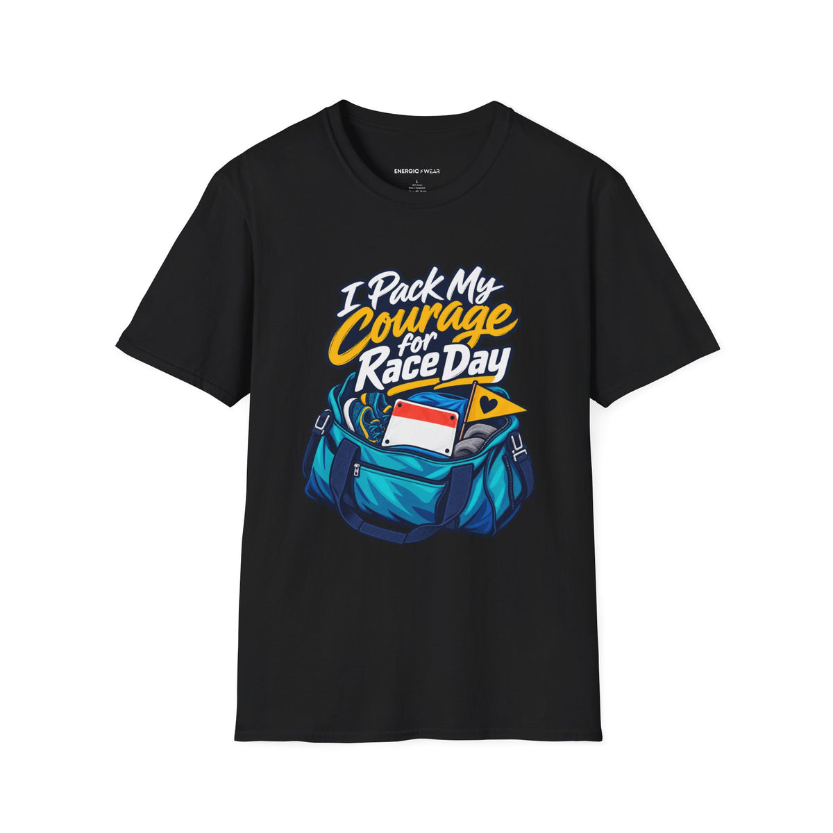Graphic fitness T-shirt featuring the "I Pack My Courage for Race Day" design.