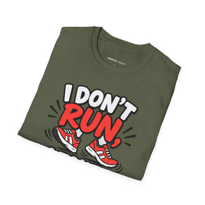 Graphic fitness T-shirt featuring the "I Don't Run, I Take Brisk Walks to the Fridge" design.