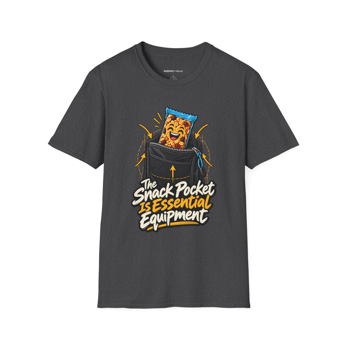 Graphic fitness T-shirt featuring the "The Snack Pocket Is Essential Equipment" design.