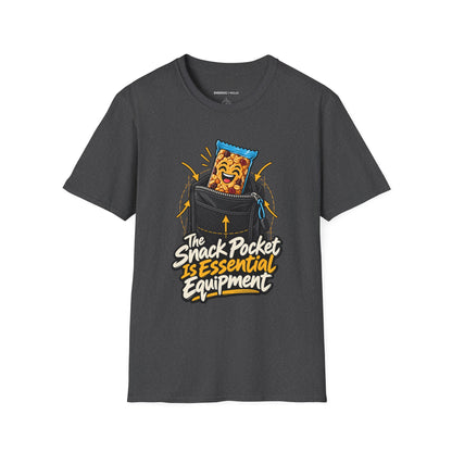 Graphic fitness T-shirt featuring the "The Snack Pocket Is Essential Equipment" design.